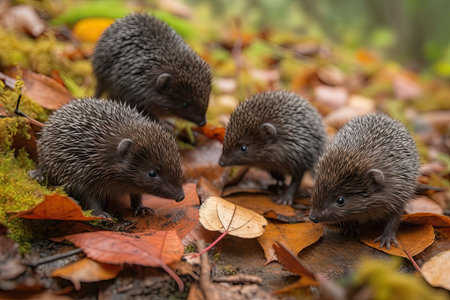 group of baby hedgehogs exploring the forest, with their tiny paws stepping on fallen leaves, created with generative aiの素材
