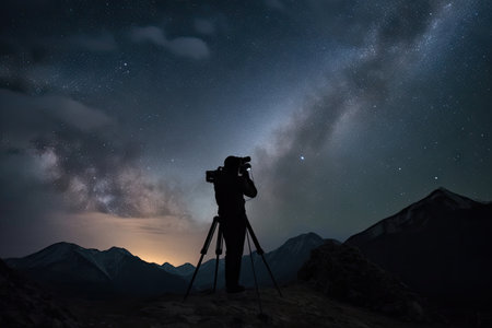 astrophotographer, with camera and tripod, capturing starry night sky above mountain range, created with generative aiの素材