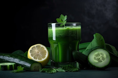 close-up of a glass of green detox juice with lemon and cucumber, created with generative aiの素材