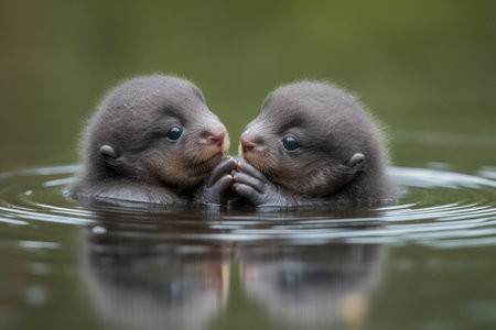 baby otters floating on lake, with their hands intertwined, and smiling at each other, created with generative aiの素材