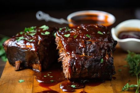 sous-vide-cooked short ribs, slow cooked to tender perfection and topped with a tangy bbq sauce, created with generative aiの素材