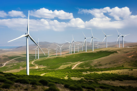 wind farm, with turbines spinning and producing green energy, created with generative aiの素材