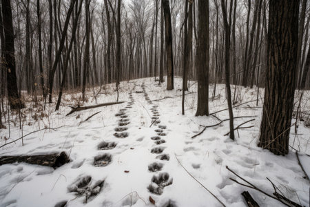snowy woods, with animal tracks leading the way, created with generative aiの素材