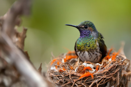 hummingbird, perched on delicate flower blossom, with beautiful hummingbird nest in the background, created with generative aiの素材