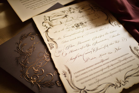 hand-calligraphed invitation to a wedding, with elegant flourish, created with generative aiの素材