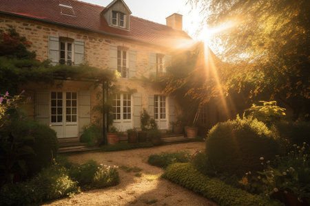 sunlight streaming into french country house, the exterior in warm light, created with generative aiの素材