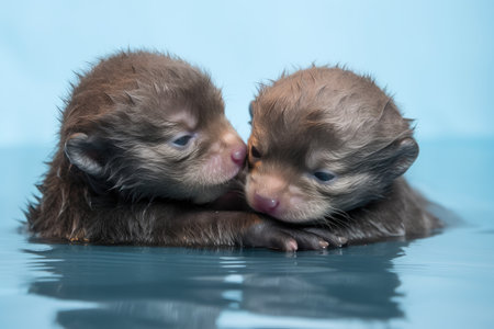 baby otters holding hands while floating on water with their eyes closed, enjoying the moment, created with generative aiの素材