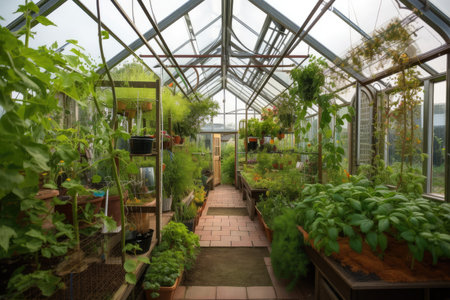 modern greenhouse, filled with plants and crops of the season, created with generative aiの素材