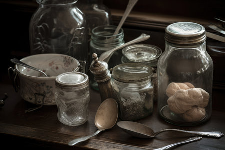 antique silver spoons in jar, with other utensils for display, created with generative aiの素材