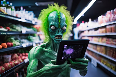 alien carrying futuristic touchscreen tablet while shopping at grocery store, created with generative aiの素材