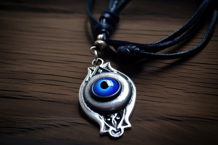 evil eye amulet, hanging from leather strap, with silver charm, created with generative aiの素材