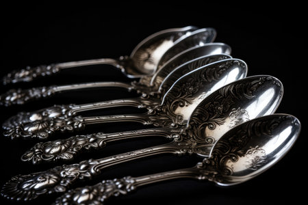 antique silver spoons on black background for stunning visual effect, created with generative aiの素材