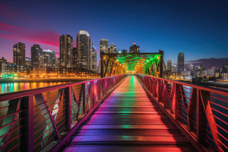 colorful bridge, with bustling city skyline in the background, created with generative aiの素材