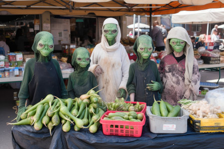 alien family shopping for fresh produce at farmers market, created with generative aiの素材