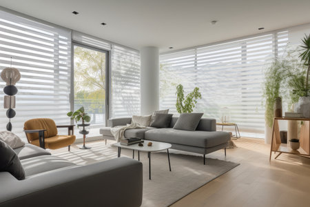 smart home with automated blinds, shutters, and shades for natural light and privacy, created with generative aiの素材