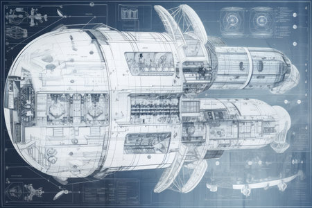 architectural blueprints of futuristic space station, with detailed drawings and schematics, created with generative aiの素材