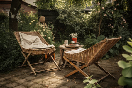 pair of lounge chairs and a picnic basket in the backyard, ready for a staycation escape, created with generative aiの素材