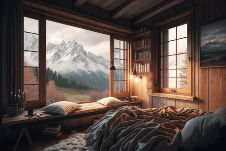 cozy chalet bedroom with soft bed, window seat, and view of the mountain range, created with generative aiの素材