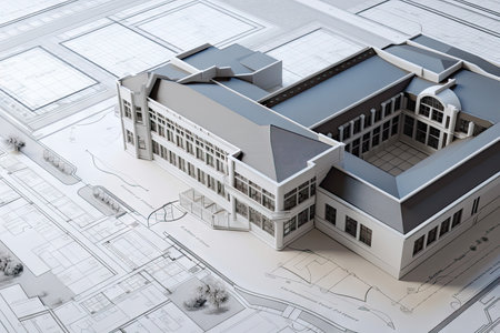 blueprints for a new school building, with detailed drawings and schematics, created with generative aiの素材
