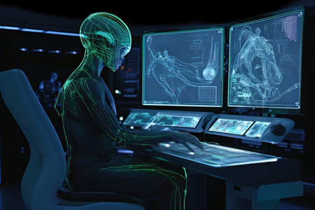 alien being, working on advanced computer system, with holographic interface, created with generative aiの素材