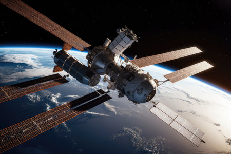space station, with view of earth and stars beyond, serving as base for exploration, created with generative aiの素材