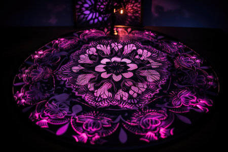 blacklight-illuminated cherry blossom mandala, with its intricate pattern brought to life in the dark, created with generative aiの素材