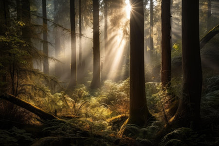 majestic forest, with towering trees and misty air, in the morning sunlight, created with generative aiの素材