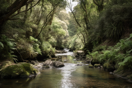 stream with clear, flowing water surrounded by lush greenery, created with generative aiの素材