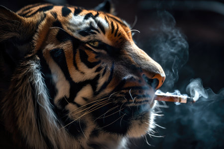 a tiger with its eyes closed, smoking from a pipe, created with generative aiの素材