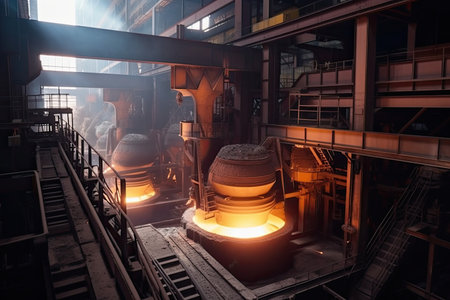 aluminum smelting plant, showcasing the process of turning raw ore into finished product, created with generative aiの素材
