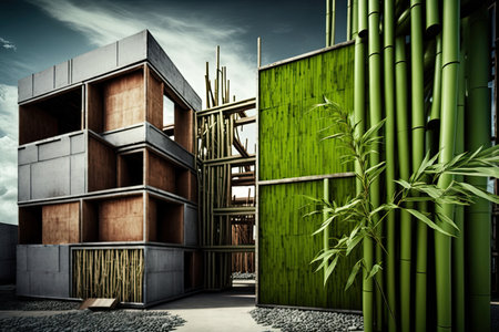green building materials, such as bamboo and recycled steel, being used in the construction of a new commercial building, created with generative aiの素材