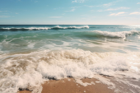 sparkling clear ocean waves rolling onto the shore, created with generative aiの素材