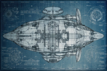 architectural blueprints of futuristic spacecraft, with intricate details and innovative design, created with generative aiの素材