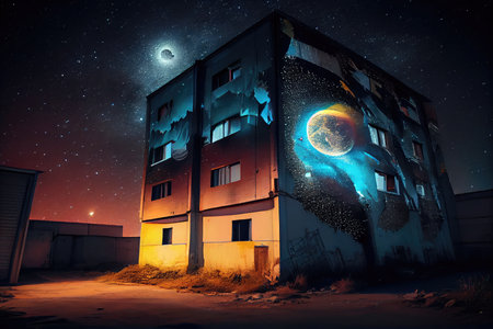 a building with graffiti art, with the night sky in the background, created with generative aiの素材