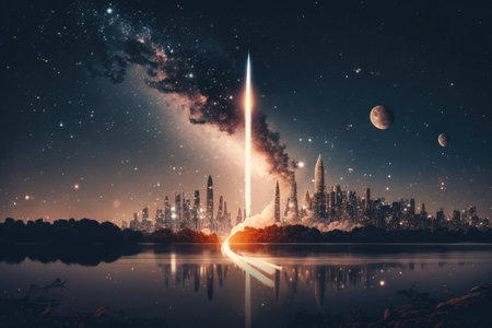 rocket launch into the night sky, with stars shining and city lights twinkling, created with generative aiの素材