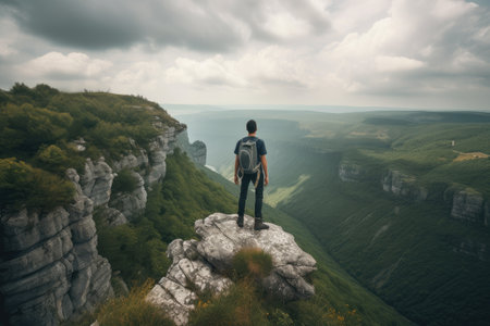 adventurous person, standing on cliff edge, with view of a breathtaking landscape, created with generative aiの素材