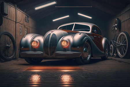 vintage car with retro exterior and sleek interior, parked in high-tech garage, created with generative aiの素材