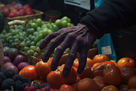 close-up of aliens hand, picking fruit from market stall, created with generative aiの素材