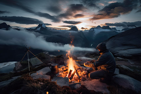 backpacker cooking dinner over campfire, surrounded by breathtaking scenery, created with generative aiの素材