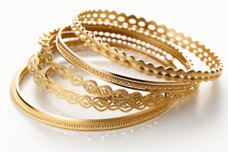 a row of delicate gold bracelets on white background, created with generative aiの素材