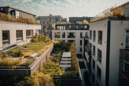 residential building with solar panels and garden on the rooftop, created with generative aiの素材