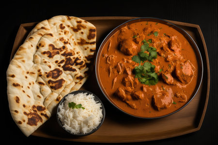 plate of chicken tikka masala with naan and creamy raita, created with generative aiの素材