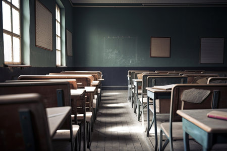 a classroom with rows of empty wooden chairs and a chalkboard in the background, created with generative aiの素材