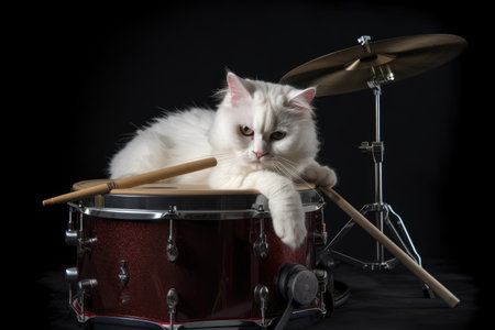 rock star cat, lying on a drum set, with its head and paws on the tom-tom, created with generative aiの素材