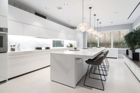 spacious modern white kitchen with sleek appliances and minimalist design details, created with generative aiの素材