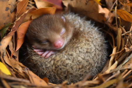 sleeping baby hedgehog curled up in warm and cozy nest of leaves, created with generative aiの素材