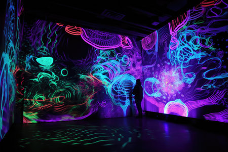 blacklight and uv-reactive art installation with interactive elements, such as sound and light, created with generative aiの素材