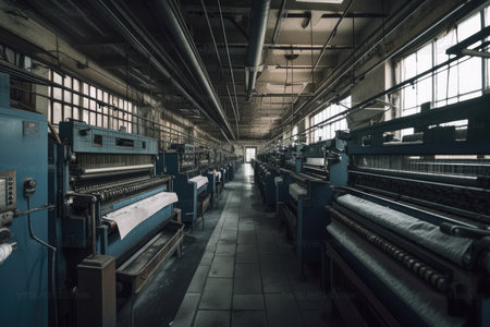 textile factory, with machines and workers producing fabric for clothing, created with generative aiの素材