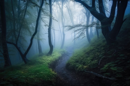 magical forest with mysterious fog, where anything is possible, created with generative aiの素材