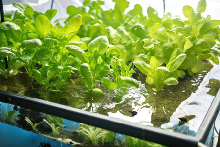 close-up of aquaponics system, showing fish swimming in their water tank and vegetable grower, created with generative aiの素材
